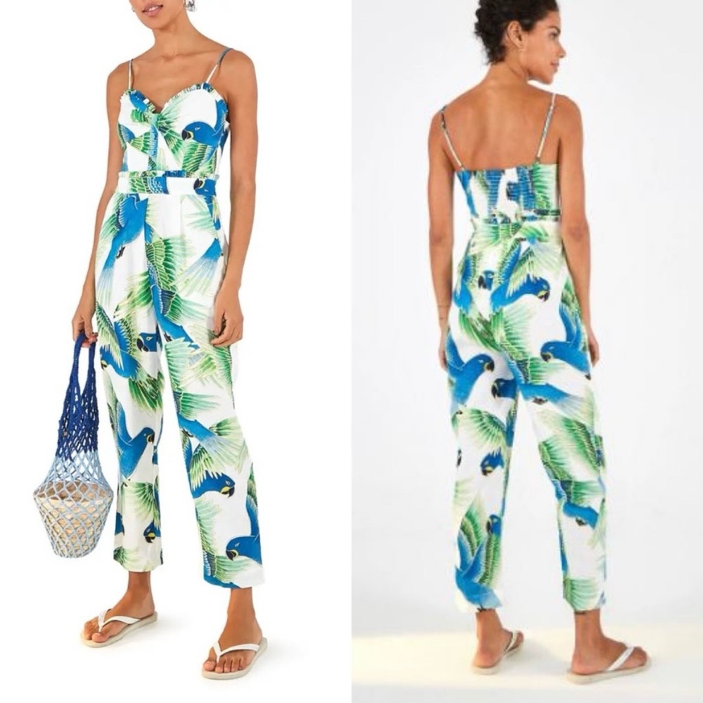 Anthropologie FARM Rio Araras Parrot Print Linen Jumpsuit Large